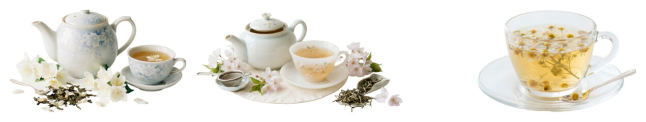 Fototapeta premium Collage of assorted herbal tea servings with teapots, teacups, loose leaves, and delicate flowers in a soft minimal style. Ideal for menu, cafe, wellness, and beverage themes.