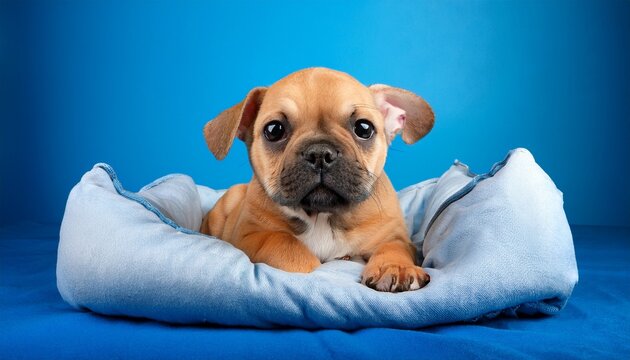 mocca orange tan french bulldog dog puppy in bed in front of blue background
