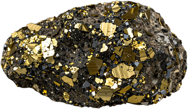 Raw mineral specimen with brassy yellow metallic flakes on dark rock
