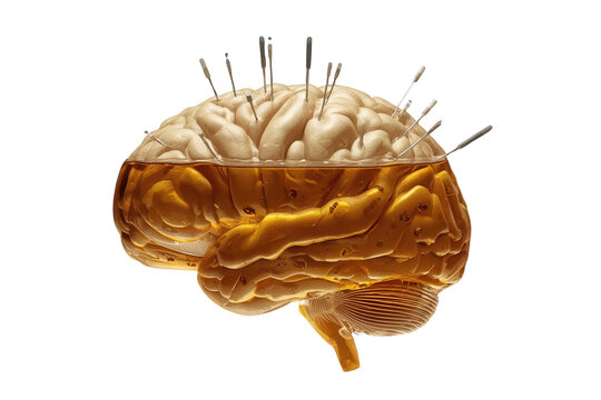 Golden brain cross section with acupuncture needles