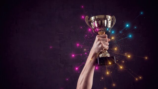 A human hand holds a shiny gold trophy cup with vibrant glowing neon light particle effects