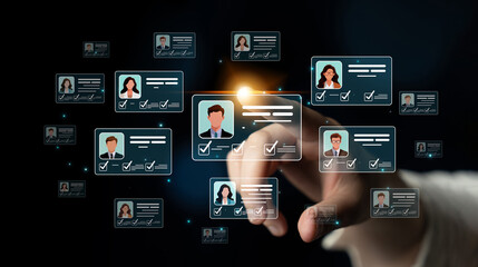 Naklejka premium Digital Concept of Human Resources Management Using Modern Technology with Profile Cards on a Dark Background Sigmoid