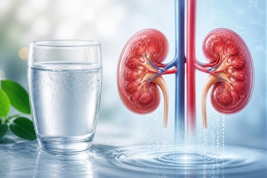The image shows human kidneys with a glass of water beside them. This illustrates the role of hydration in maintaining kidney health. Water is essential for kidney function.