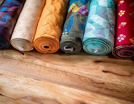 various colorful quilting fabrics rolled on natural wood table with clear copy space area