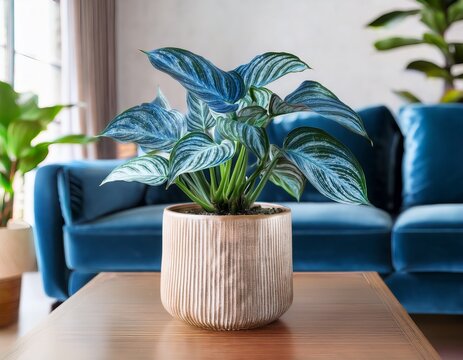 tropical epipremnum pinnatum cebu blue houseplant with silver blue leaves in flower pot on table in living room