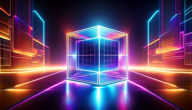 abstract background with neon laser cube created by machine learning algorithms