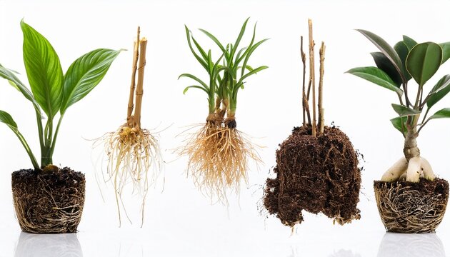 various different houseplant cuttings with long bare roots on white background