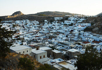 Fototapeta premium view of Lindos - an archaeological site, a fishing village and a former municipality on the island of Rhodes, in the Dodecanese (Greece)