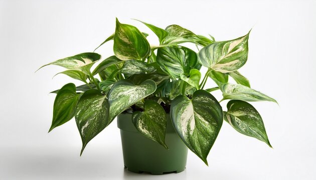 plant cutting of epipremnum aureum marble queen houseplant with green leaves with white sprinkles on white background