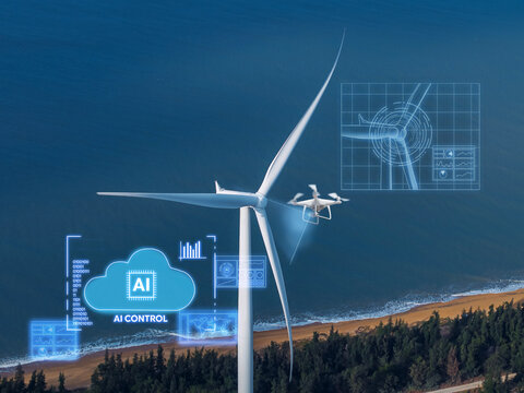 Wind turbine inspected and monitoring by Smart industry drone. Ai innovation technology for green energy