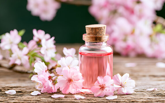 Glass bottle with red liquid stands on wooden surface surrounded by pink cherry blossoms. Floral petals lie on table near clear flask. Spring flowers bloom on branches in background.