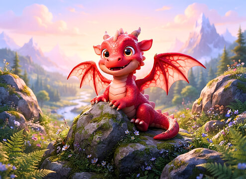 Cute Baby Red Dragon Sitting on Rock in Mountain Valley Landscape
