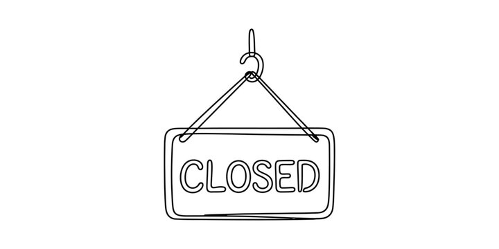 A single continuous line drawing of a hanging rectangular closed sign for a shop store entrance door isolated on a plain white background design Vector, illustration
