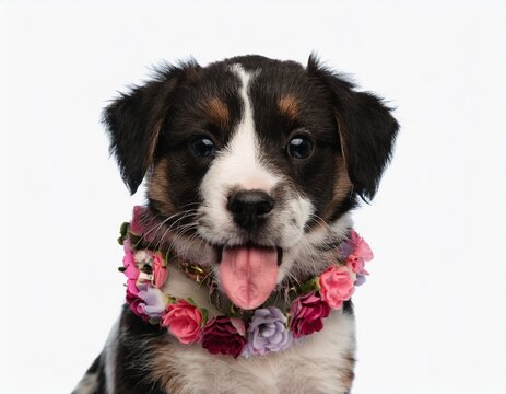 funny pied dog puppy with flower collar sticking out tongue