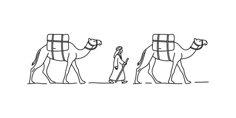 A man walking in the desert with two camels carrying cargo bags in a simple black and white line art illustration design style for travel themes Vector, illustration © Coloring Pages Line 
