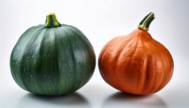 comparison of green japanese kabocha squash and blue kuri squash on white background