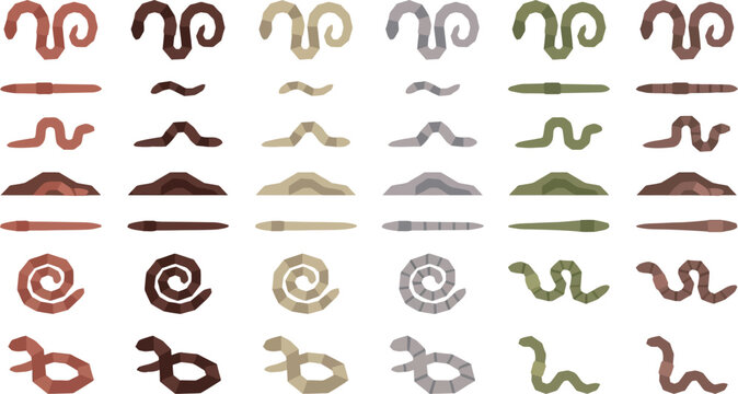 Diverse set of earthworm icons in multiple color variations and shapes for agricultural and biological design