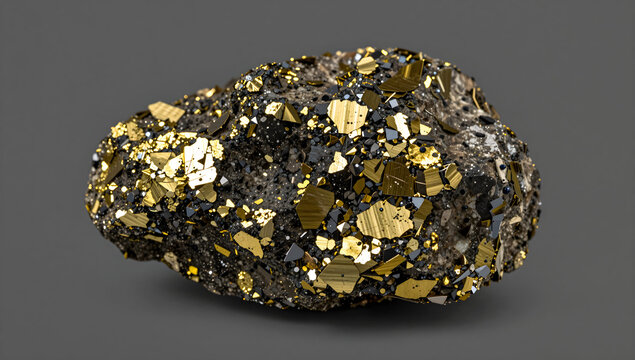 Raw mineral specimen with brassy yellow metallic flakes on dark rock