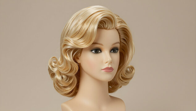 Retro blonde wig mannequin head with sculpted hairstyle