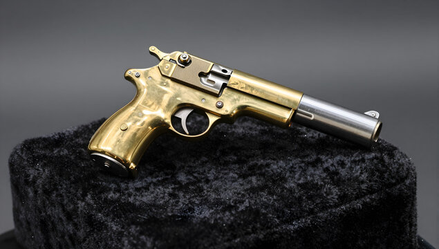 Vintage brass starter pistol on a dark velvet cushion