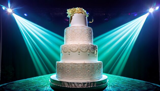 elegant multi tier white celebration cake with ornate decorations illuminated dramatically by vibrant turquoise spotlights against a dark evocative background
