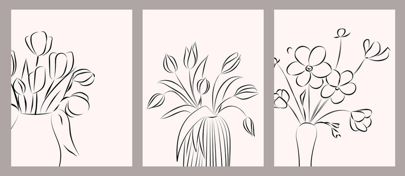 Botanical art background with flowers and leaves in a vase in line style. Floral collection for cards, invitations, weddings, covers, postcards, and templates.