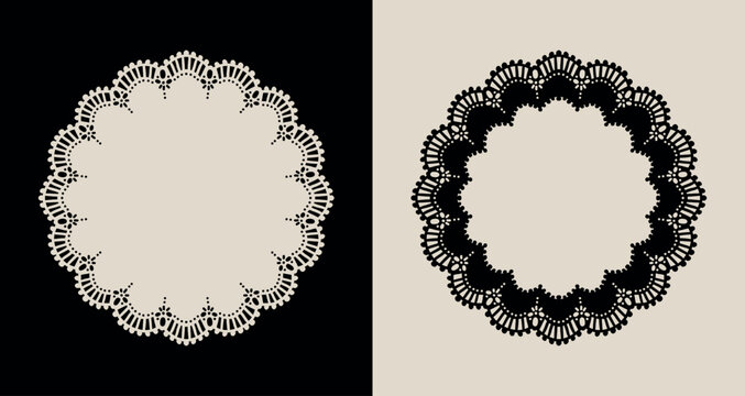 Hand drawn vintage circular lace doily frames with openwork edges. Blank romantic templates for elegant baroque wedding invitations. Premium vector border bundle for aesthetic cottagecore print.