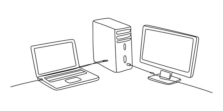 A simple black and white line art illustration showing a laptop connected to a computer tower and a flat screen monitor for office work setup Vector, illustration