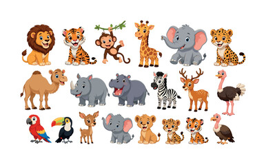 Obraz premium Collection of cute cartoon wild animals from the savanna and jungle habitats