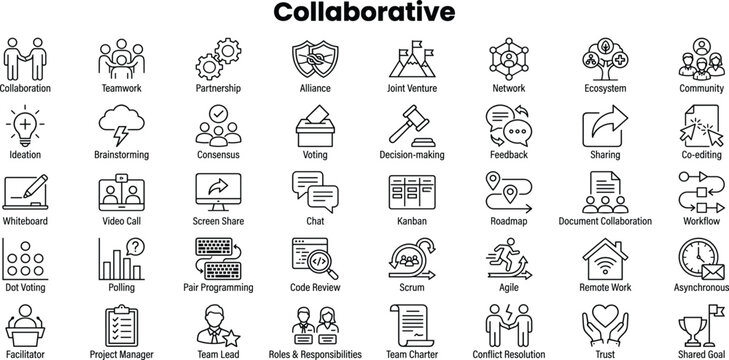 Cooperation icon set. Containing Cooperation, Collaboration, Teamwork, Partnership, Alliance, Joint Effort, Synergy and more.