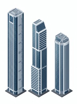 Three modern isometric skyscrapers with glass facades and white accents