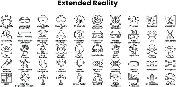 Extended Reality icon set. Includes VR, mixed reality, immersion, simulation, haptic feedback, spatial computing and more.