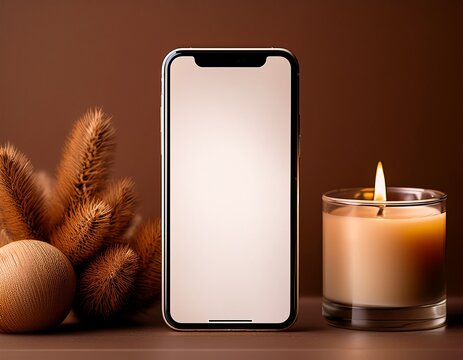 blank phone mockup on brown background next to lit candle in warm moody lighting