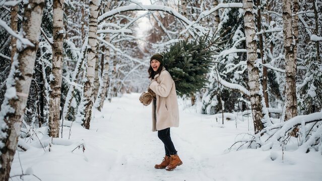 Happy woman in a beige coat carries a pine tree through the snowy winter forest