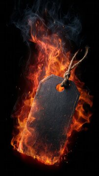 Blank black price tag burning in realistic fire flame background