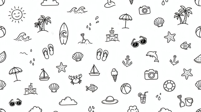 Summer Beach Vacation Doodle Pattern Seamless Background