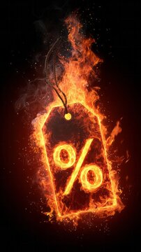 Burning sale price tag with percent symbol in fire flames
