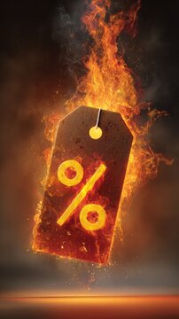 Burning sale price tag with percent symbol in fire flames