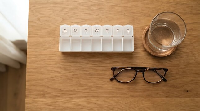 Weekly pill organizer with eyeglasses and a glass of water on a wooden surface representing medication adherence for World Patient Safety Day in a minimalist lifestyle photography style