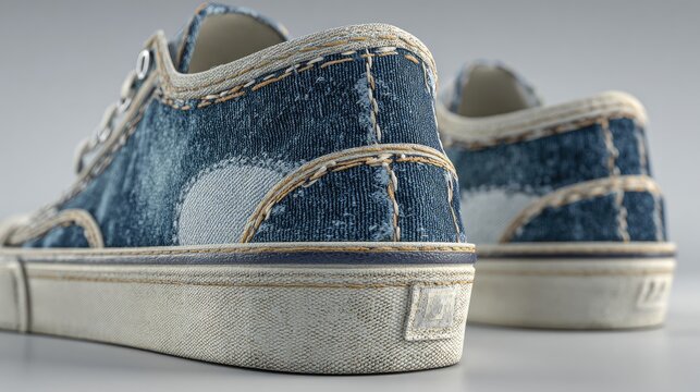 Distressed denim patchwork sneakers with white rubber soles.