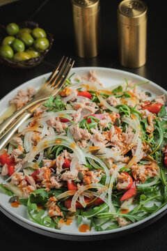 Fresh Tuna Salad with Onions and Cherry Tomatoes. Italian Mediterranean Cuisine