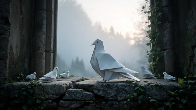 A peaceful group of white paper origami doves sitting on a rustic stone wall draped in ivy, with a soft misty forest background on International Day of Peace.