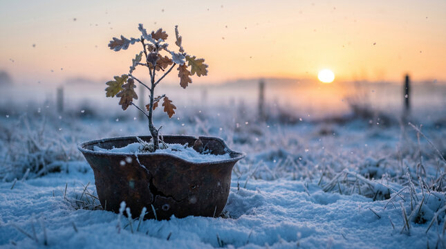 A small oak sapling grows from soil inside a rusted, upside-down military helmet on a snowy field, under a soft misty sunset on the Day of Peace.