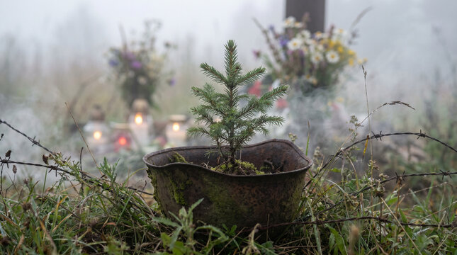 A small green spruce sapling grows inside a rusted, upside-down helmet in a foggy meadow next to barbed wire, with blurred memorial flowers and candles.
