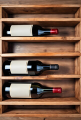 Obraz premium Three dark wine bottles with blank labels stored horizontally in a rustic wooden wine rack, top view
