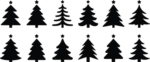 Obraz premium A collection of twelve different black silhouette christmas tree icons isolated on a white background for holiday design projects