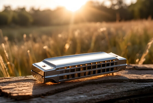 Silver harmonica on rustic wooden surface with golden sunset light and blurred field background music and nature, this image concepts of music nature relaxation and artistic expression