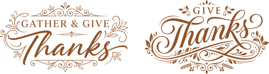 Elegant hand drawn lettering designs for a festive thanks giving celebration with decorative flourishes and ornate typography elements © KaziDalia