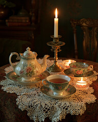Fototapeta premium Vintage Afternoon Tea Still Life: Cozy Teapot and Teacup Set with Romantic Candlelight on Elegant Table Setting
