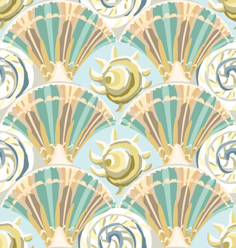 Seamless vector pattern with stylized seashell fans, spiky conch shells, and spiral ocean waves in soft pastel shades. Elegant marine art deco background illustration for summer apparel, wallpaper
